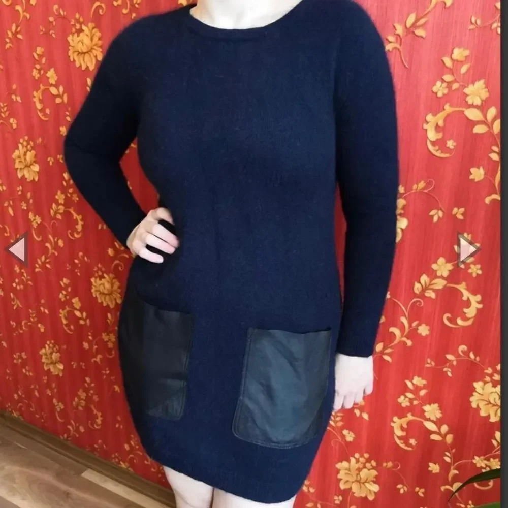 COS oversized navy blue mini dress sweater w black faux leather pockets sz M - Picture 4 of 14